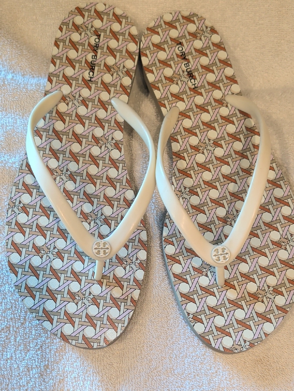 Tory Burch White Strap Patterned Footbed Flip Flop Sandals NWOT